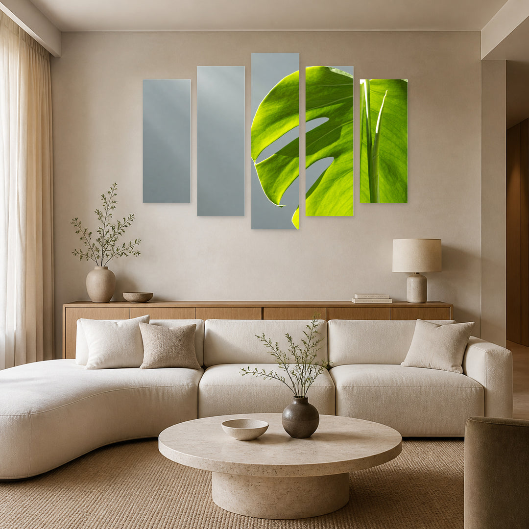 Monstera in Serene Light — five-panel wall art in alternate frontal interior | 5wallart 55158 M4