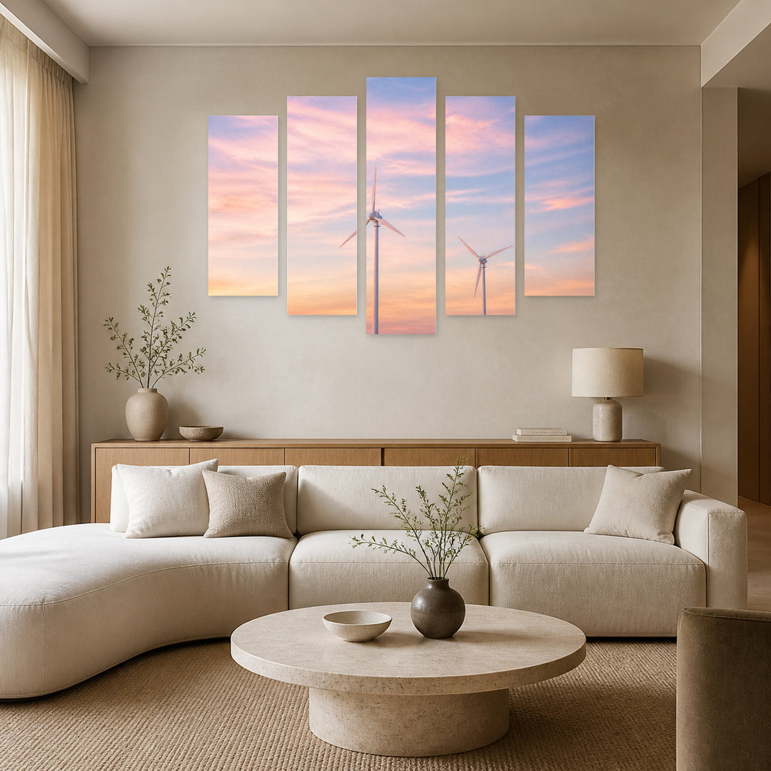 Pink Sky at Sunrise — five-panel wall art in frontal interior | 5wallart 55159 M3