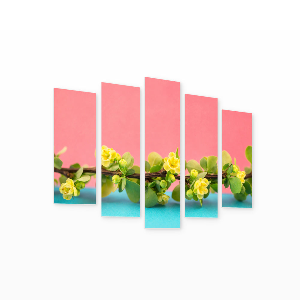 Spring Branch with Yellow Flowers with Geometric Rhythm — five-panel wall art on white background in perspective | 5wallart 55160 M1