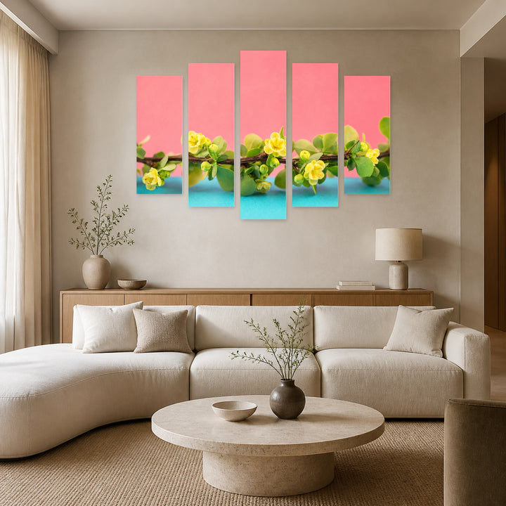 Spring Branch with Yellow Flowers with Geometric Rhythm — five-panel wall art in alternate frontal interior | 5wallart 55160 M4