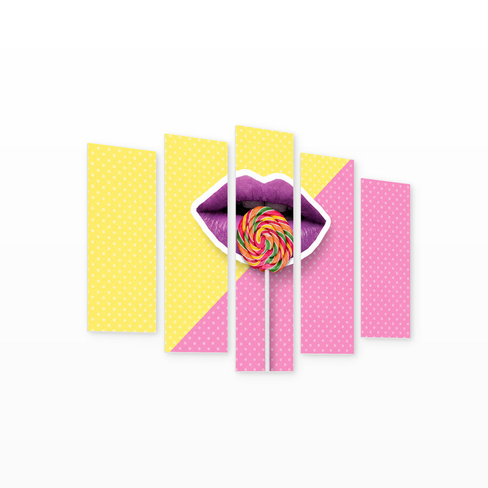 Collage with Lips in Vivid Color — five-panel wall art on white background in perspective | 5wallart 55161 M1