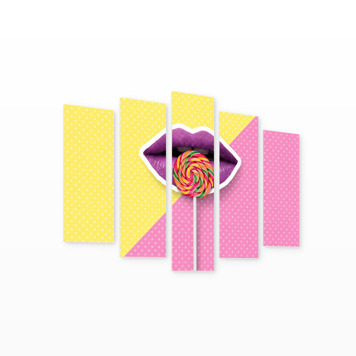 Collage with Lips in Vivid Color — five-panel wall art on white background in perspective | 5wallart 55161 M1