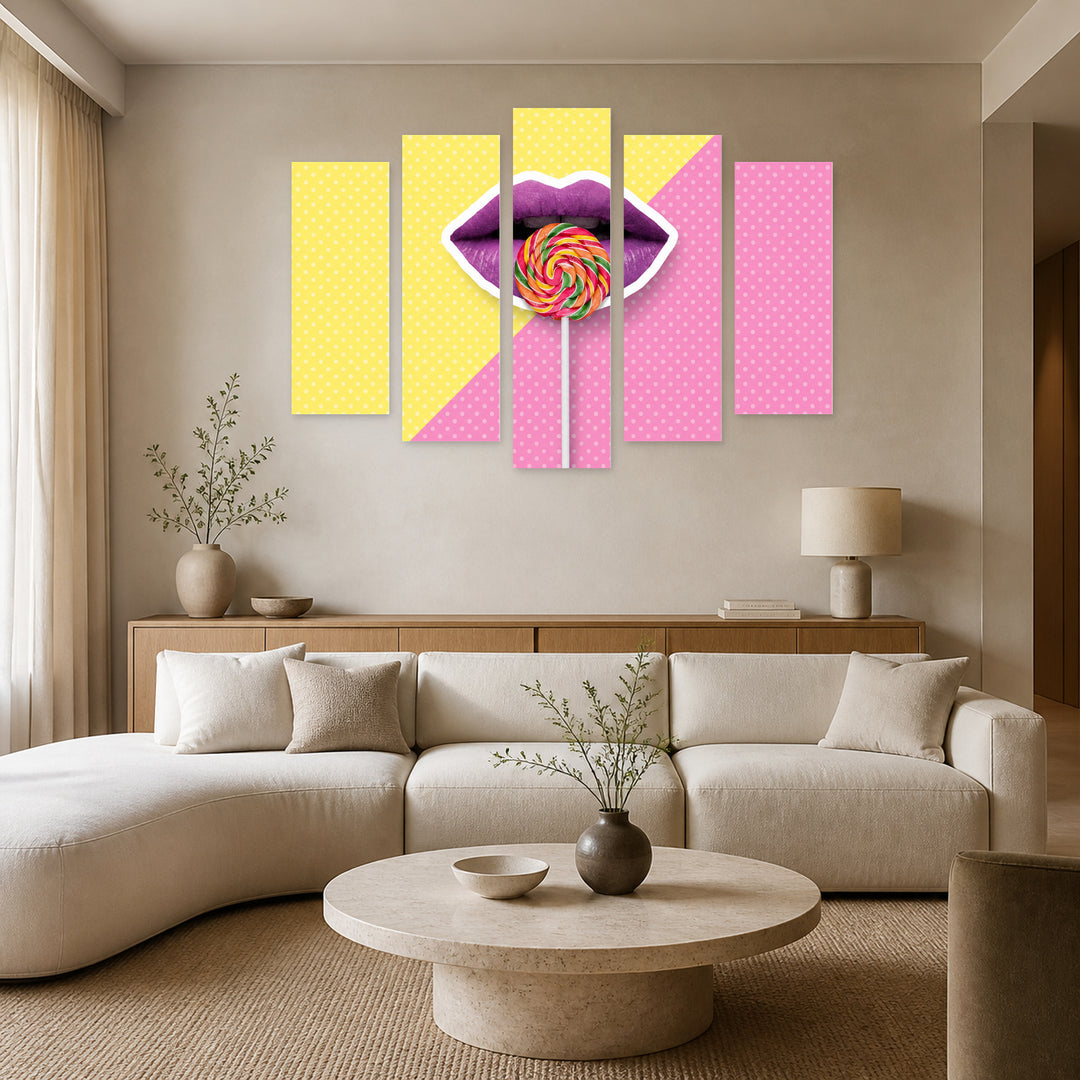 Collage with Lips in Vivid Color — five-panel wall art in frontal interior | 5wallart 55161 M3