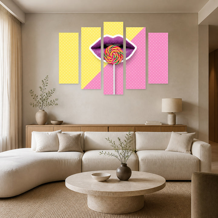 Collage with Lips in Vivid Color — five-panel wall art in frontal interior | 5wallart 55161 M3