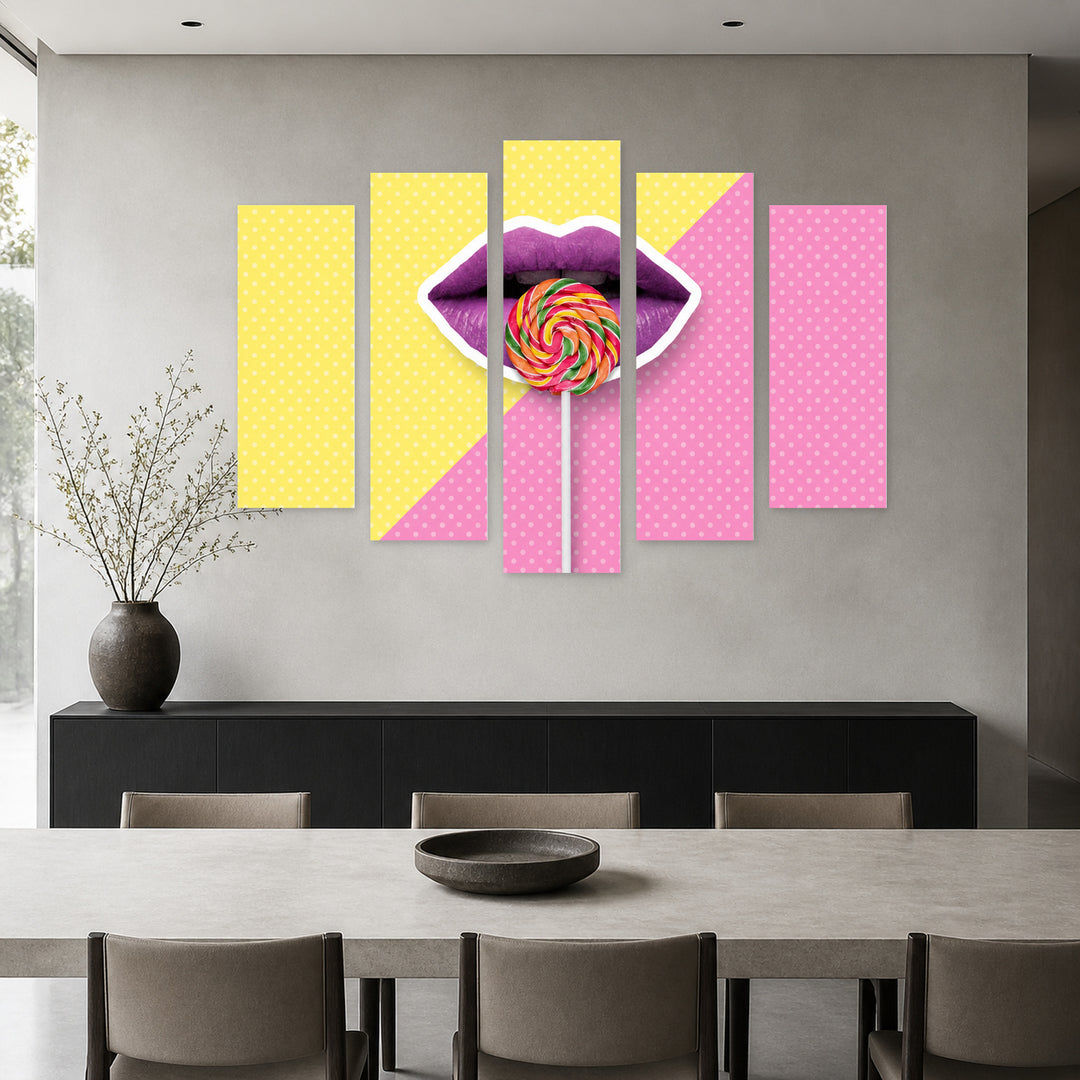 Collage with Lips in Vivid Color — five-panel wall art in alternate frontal interior | 5wallart 55161 M4
