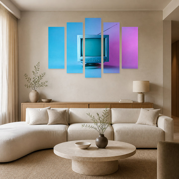 Retro Wave with Geometric Rhythm — five-panel wall art in frontal interior | 5wallart 55163 M3