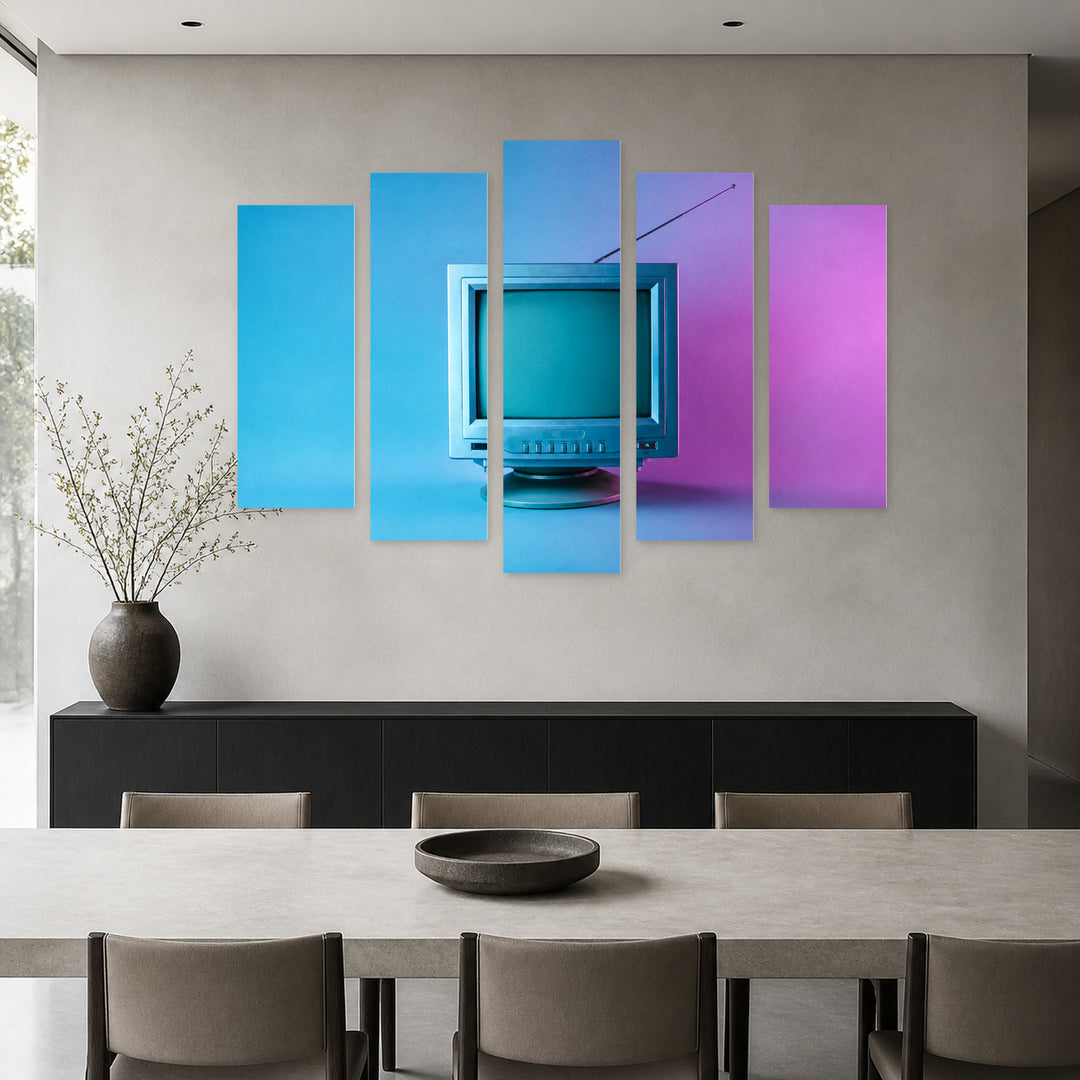 Retro Wave with Geometric Rhythm — five-panel wall art in alternate frontal interior | 5wallart 55163 M4