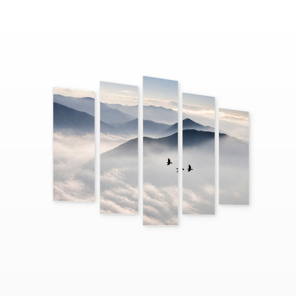Silhouettes of Mountains and Birds in Serene Light — five-panel wall art on white background in perspective | 5wallart 55165 M1