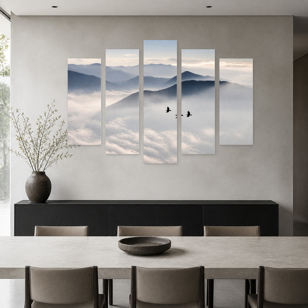 Silhouettes of Mountains and Birds in Serene Light — five-panel wall art in alternate frontal interior | 5wallart 55165 M4