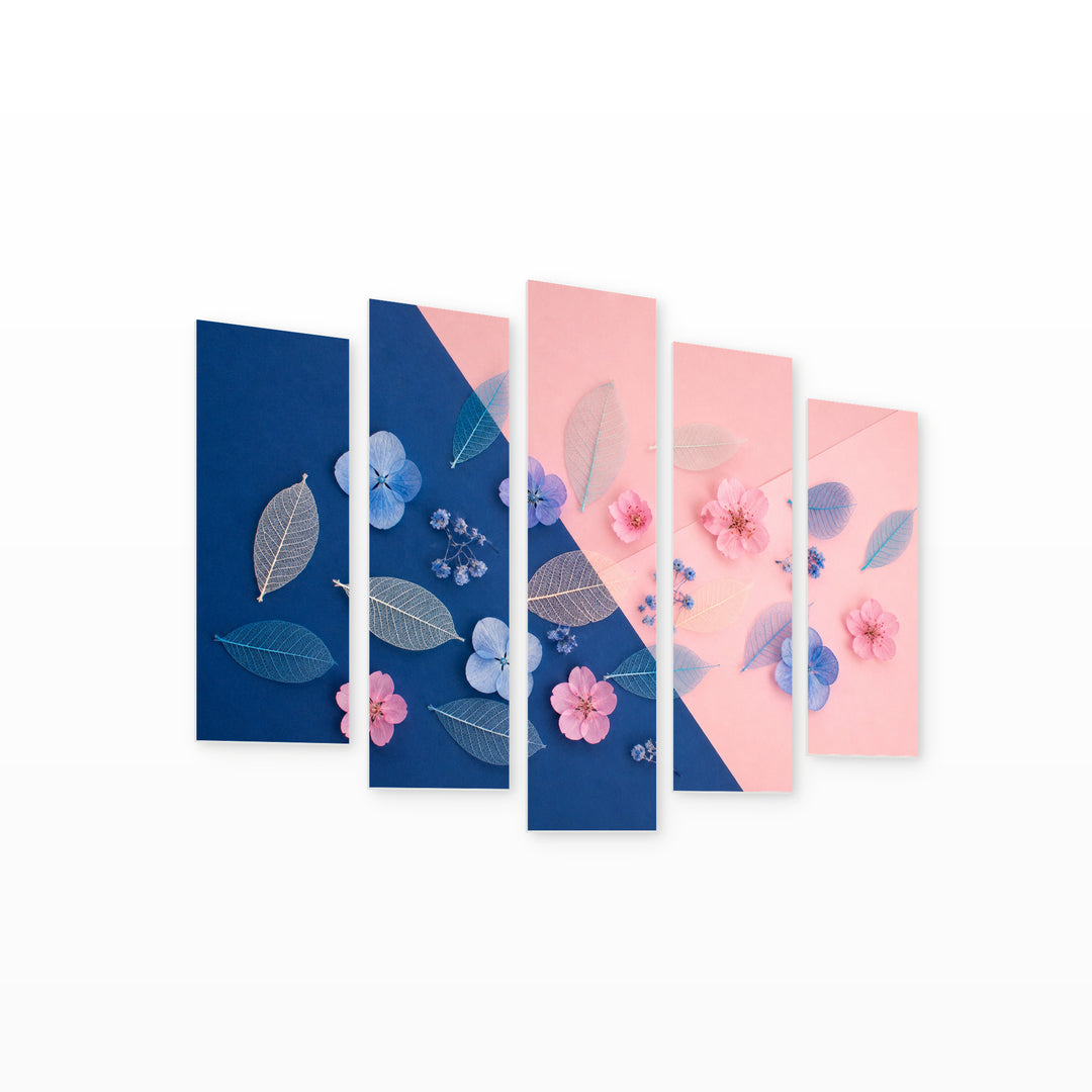 Blue and Pink Flowers with Decoration Botanical Study — five-panel wall art on white background in perspective | 5wallart 55166 M1