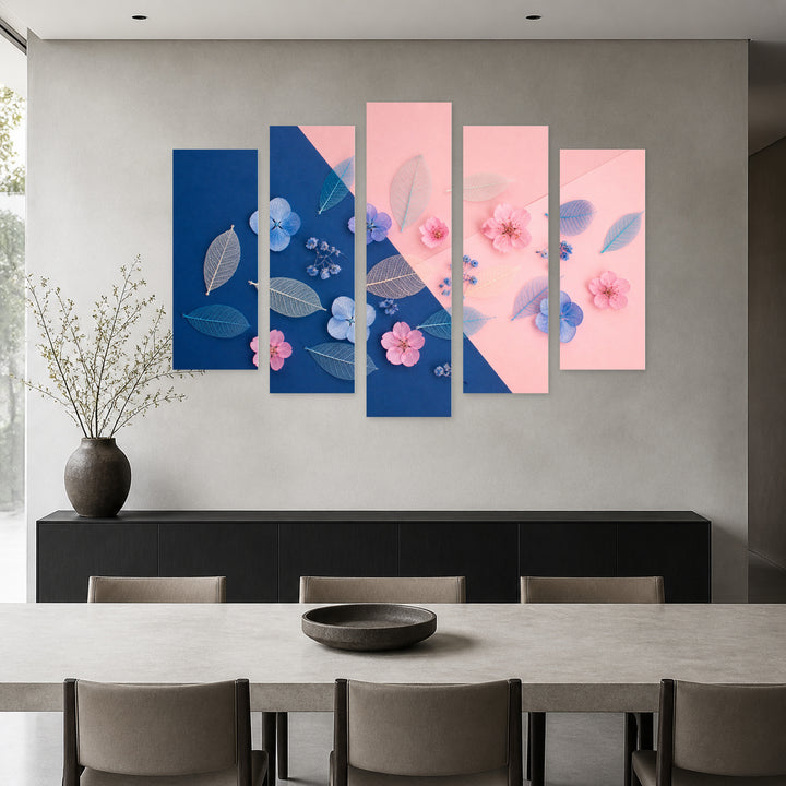 Blue and Pink Flowers with Decoration Botanical Study — five-panel wall art in frontal interior | 5wallart 55166 M3