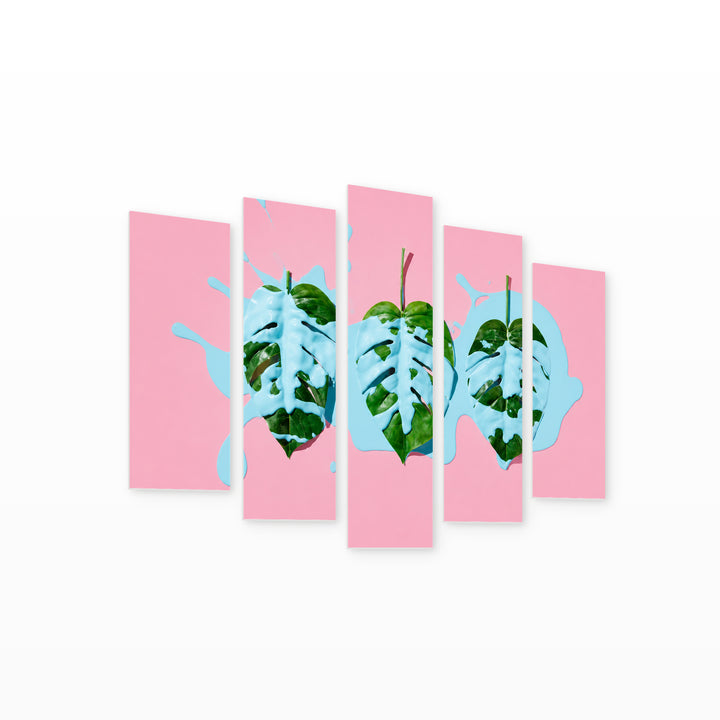 Abstract Leaves with Geometric Rhythm — five-panel wall art on white background in perspective | 5wallart 55169 M1