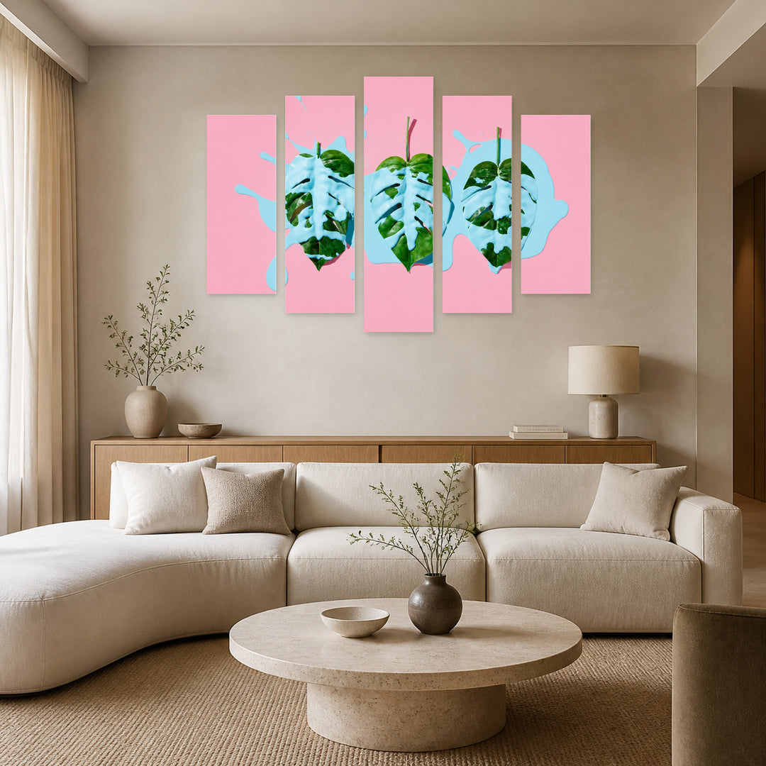Abstract Leaves with Geometric Rhythm — five-panel wall art in frontal interior | 5wallart 55169 M3