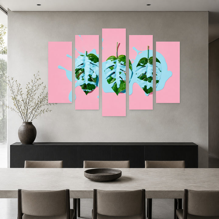 Abstract Leaves with Geometric Rhythm — five-panel wall art in alternate frontal interior | 5wallart 55169 M4