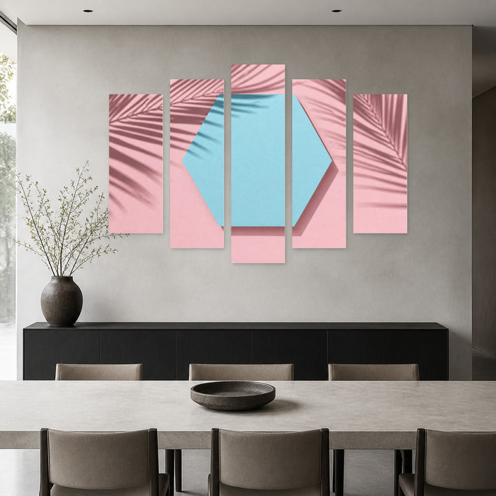 Shadows of Palm Leaves in Serene Light — five-panel wall art in frontal interior | 5wallart 55170 M3