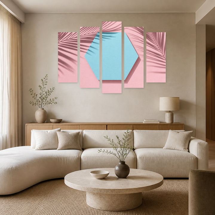 Shadows of Palm Leaves in Serene Light — five-panel wall art in alternate frontal interior | 5wallart 55170 M4