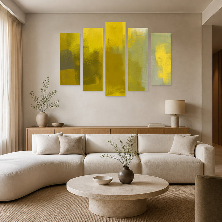 Abstract Painting with Geometric Rhythm — five-panel wall art in frontal interior | 5wallart 55171 M3