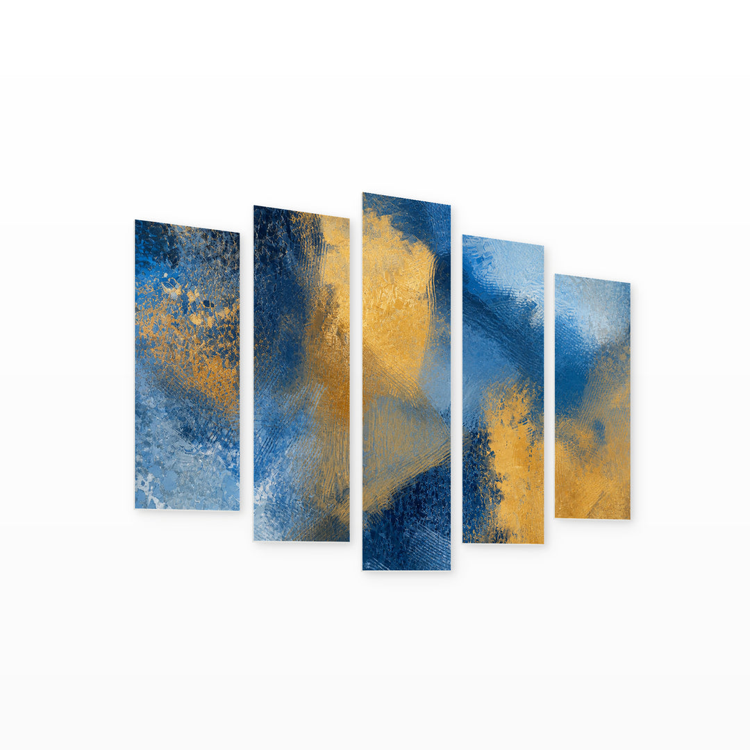 Abstract Painting on Canvas in Blue and Gold — five-panel wall art on white background in perspective | 5wallart 55172 M1