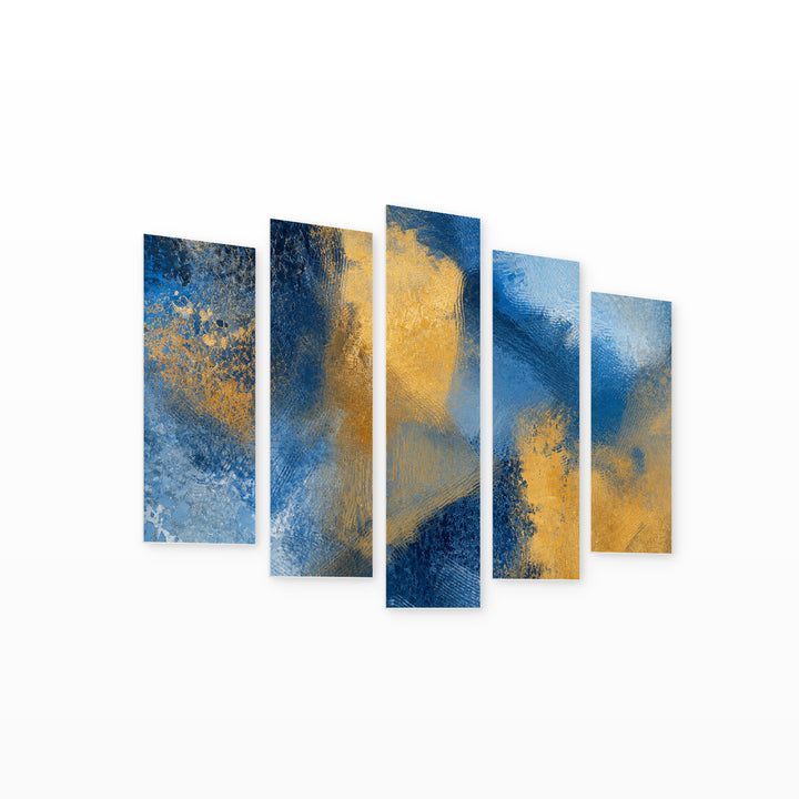 Abstract Painting on Canvas in Blue and Gold — five-panel wall art on white background in perspective | 5wallart 55172 M1