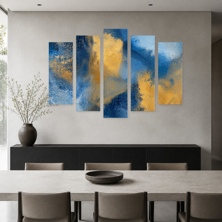 Abstract Painting on Canvas in Blue and Gold — five-panel wall art in frontal interior | 5wallart 55172 M3