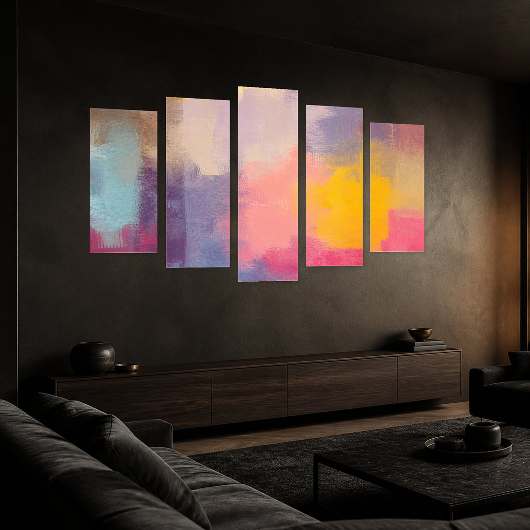 Abstract Grunge Background with Geometric Rhythm — five-panel wall art in perspective interior | 5wallart 55173 M2