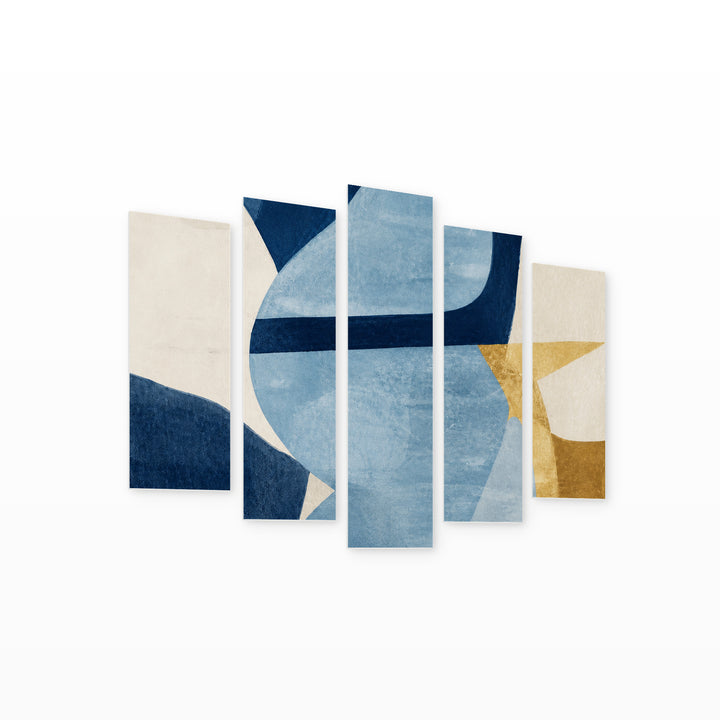 Abstract Shapes in Blue and Gold II — five-panel wall art on white background in perspective | 5wallart 55174 M1