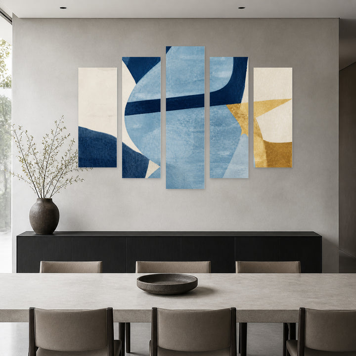 Abstract Shapes in Blue and Gold II — five-panel wall art in frontal interior | 5wallart 55174 M3