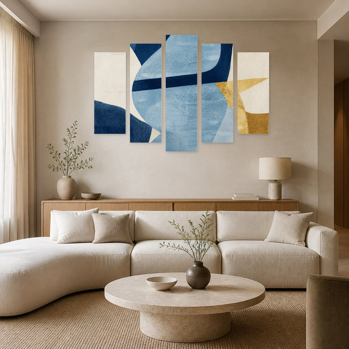 Abstract Shapes in Blue and Gold II — five-panel wall art in alternate frontal interior | 5wallart 55174 M4