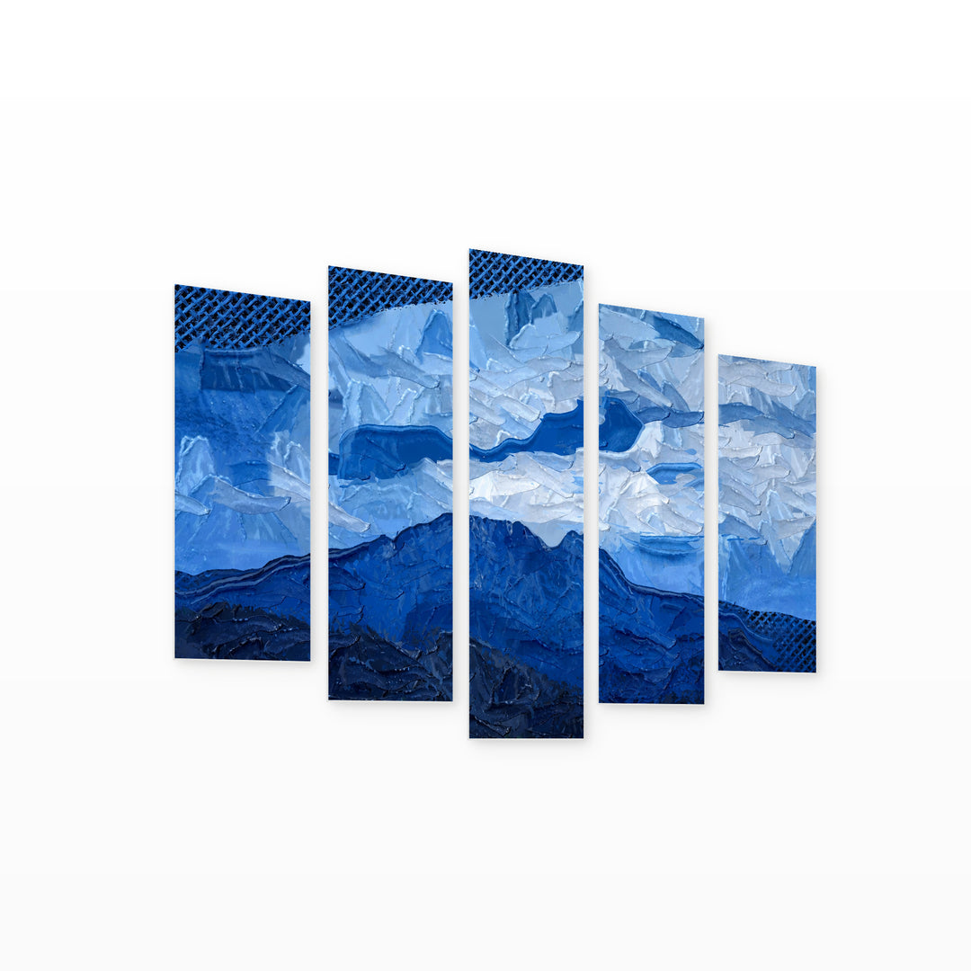 Blue Abstraction with Geometric Rhythm — five-panel wall art on white background in perspective | 5wallart 55175 M1