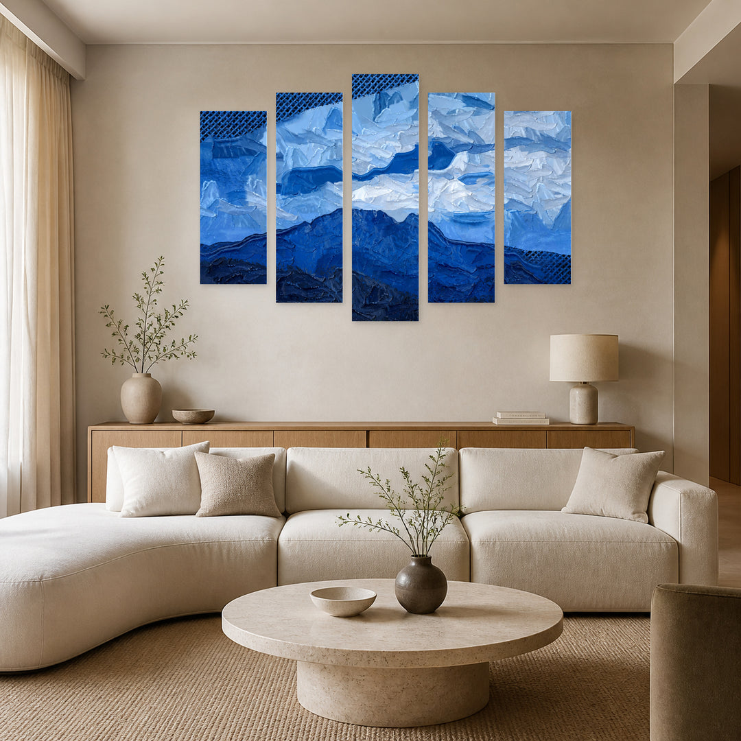 Blue Abstraction with Geometric Rhythm — five-panel wall art in frontal interior | 5wallart 55175 M3