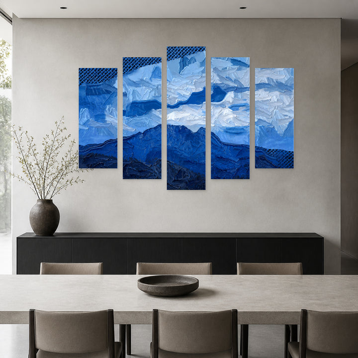 Blue Abstraction with Geometric Rhythm — five-panel wall art in alternate frontal interior | 5wallart 55175 M4