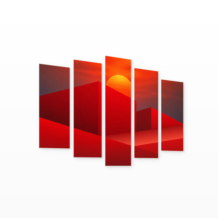 Abstract Red Background with Geometric Rhythm — five-panel wall art on white background in perspective | 5wallart 55176 M1