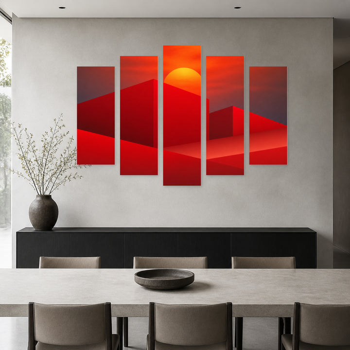 Abstract Red Background with Geometric Rhythm — five-panel wall art in frontal interior | 5wallart 55176 M3