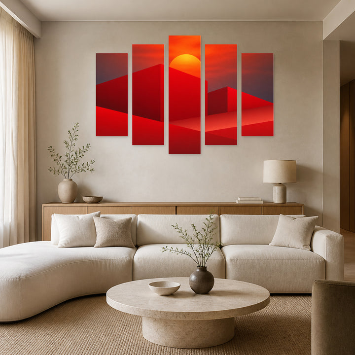 Abstract Red Background with Geometric Rhythm — five-panel wall art in alternate frontal interior | 5wallart 55176 M4