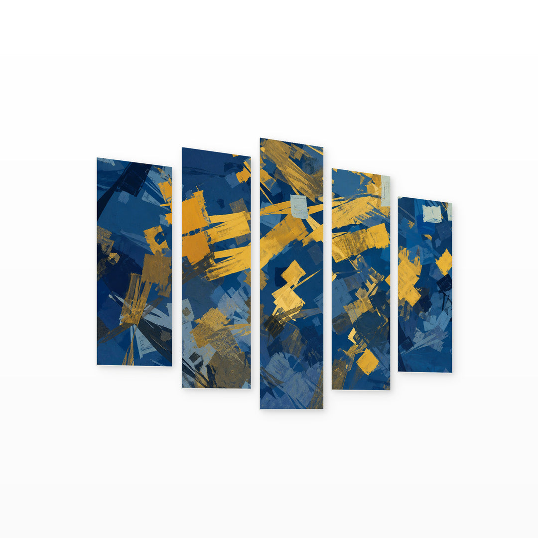 Expressive in Blue and Gold — five-panel wall art on white background in perspective | 5wallart 55178 M1