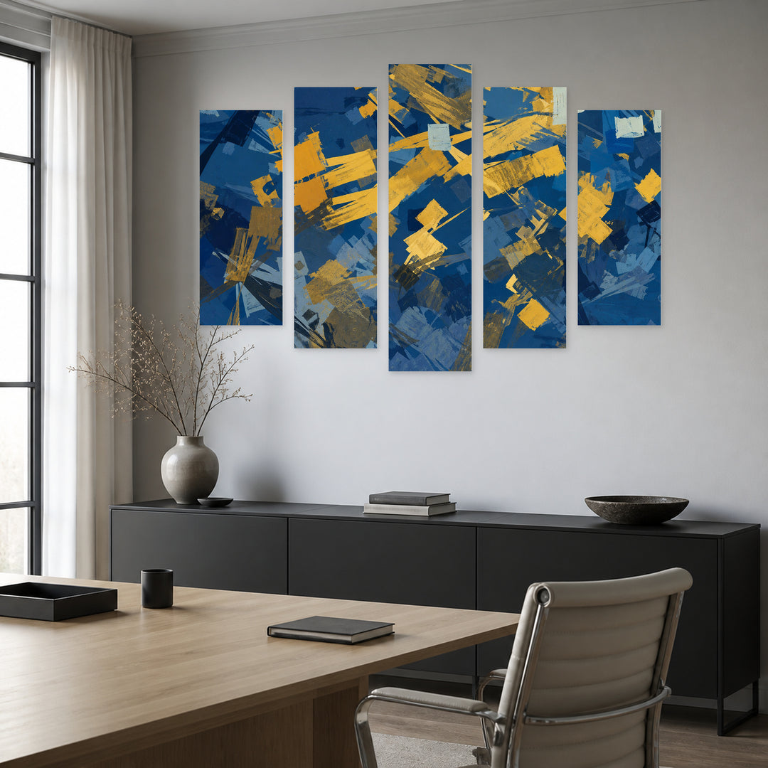 Expressive in Blue and Gold — five-panel wall art in frontal interior | 5wallart 55178 M3