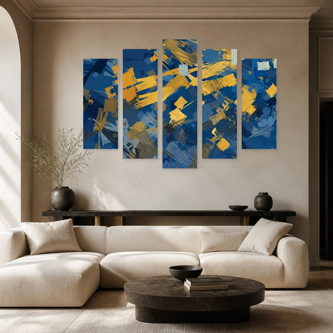 Expressive in Blue and Gold — five-panel wall art in alternate frontal interior | 5wallart 55178 M4