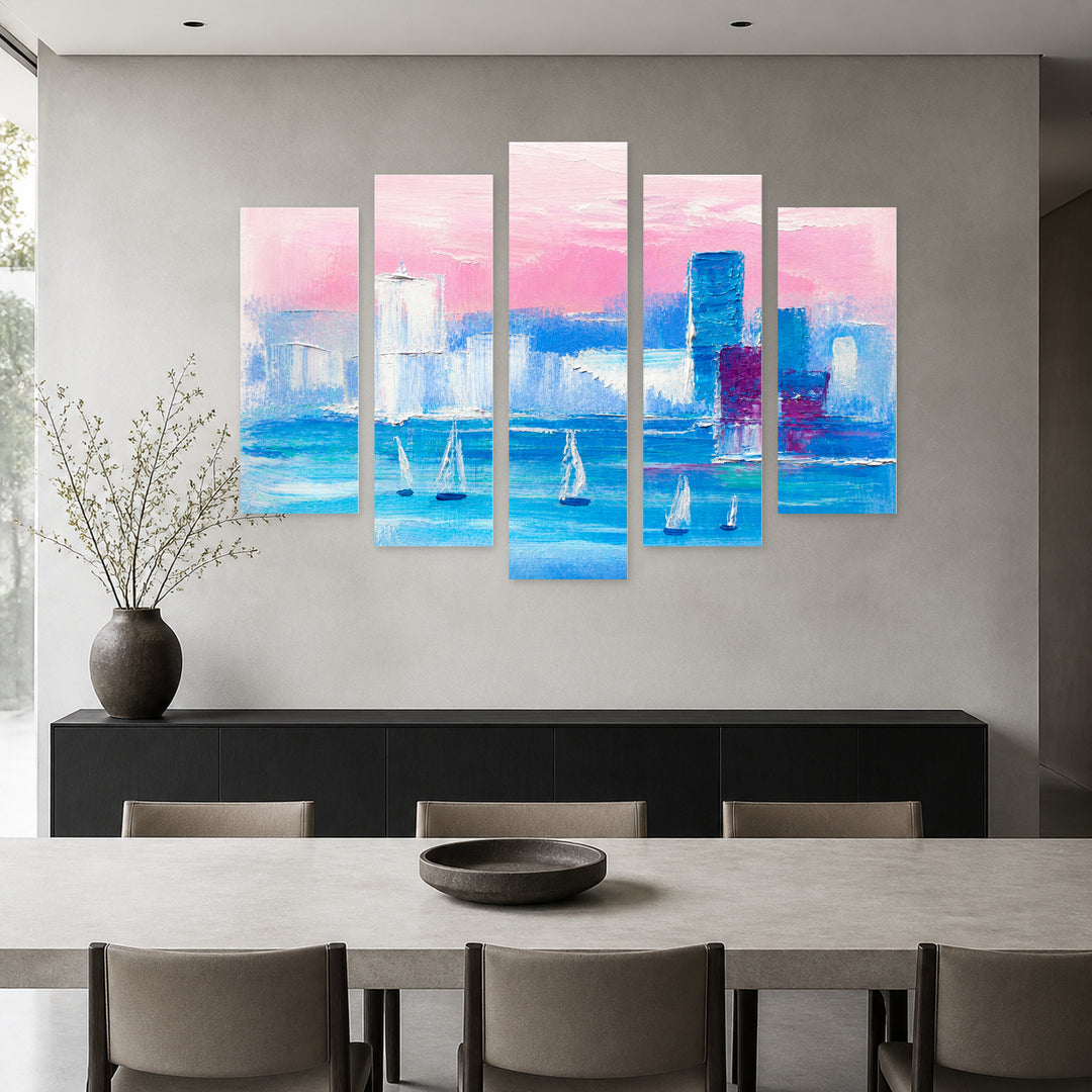 Modern Visual Composition in Serene Light — five-panel wall art in frontal interior | 5wallart 55180 M3
