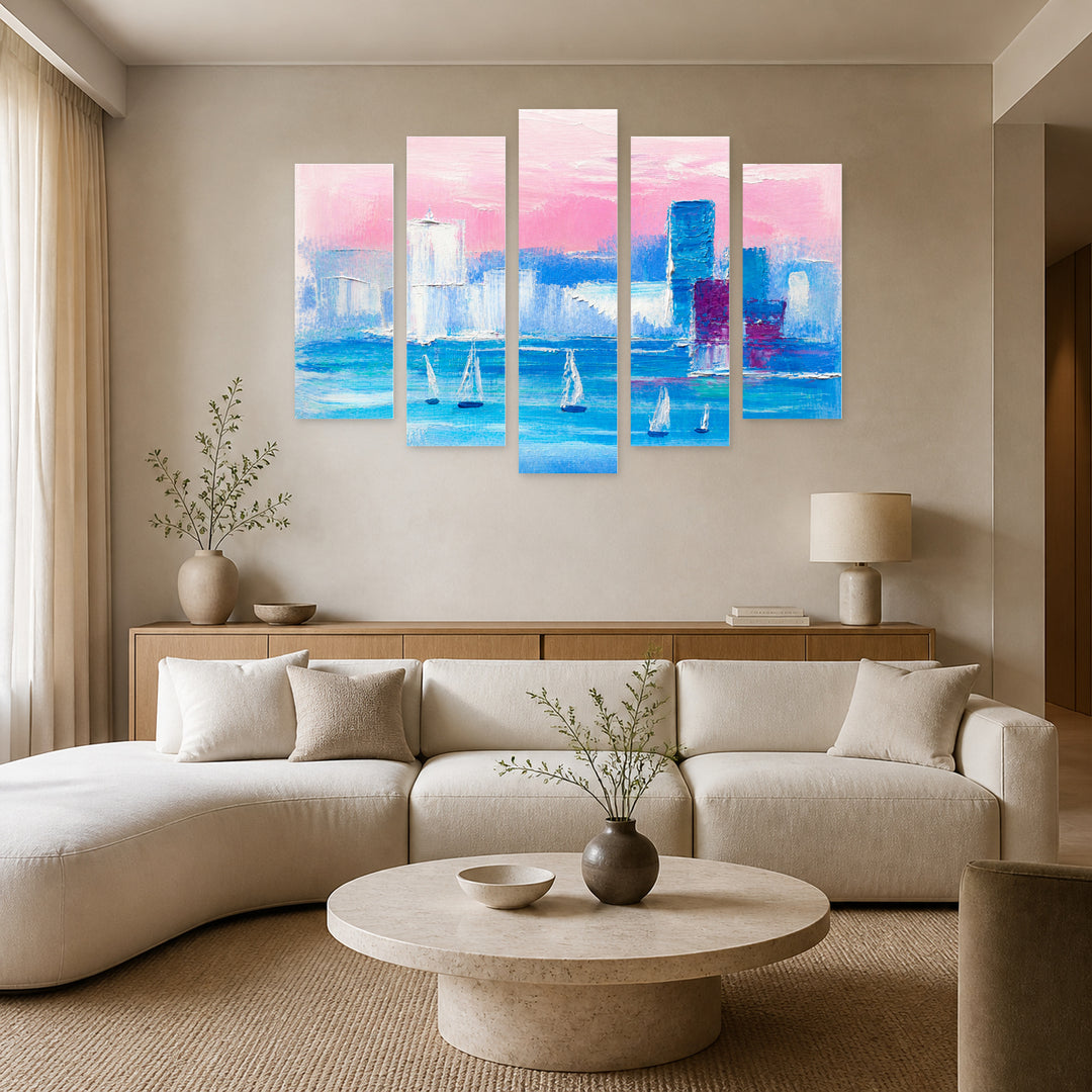 Modern Visual Composition in Serene Light — five-panel wall art in alternate frontal interior | 5wallart 55180 M4