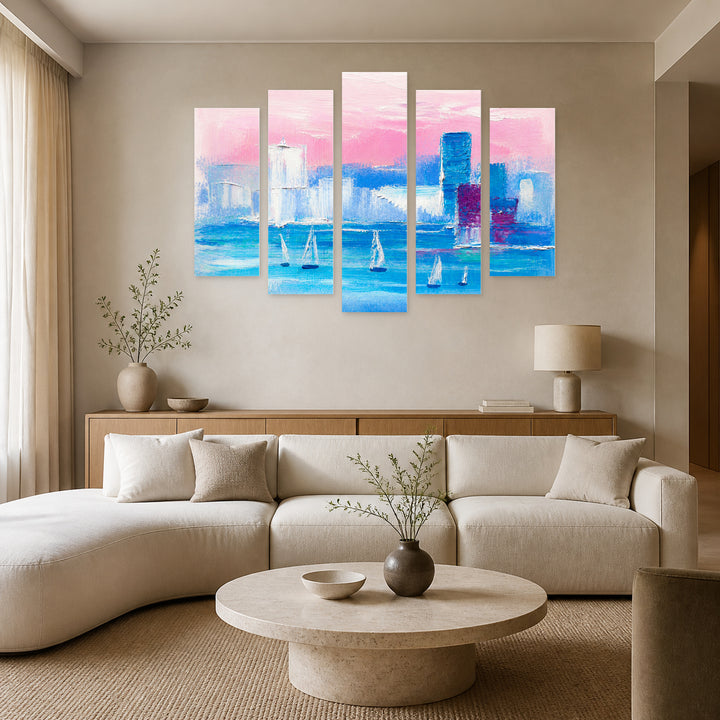 Modern Visual Composition in Serene Light — five-panel wall art in alternate frontal interior | 5wallart 55180 M4