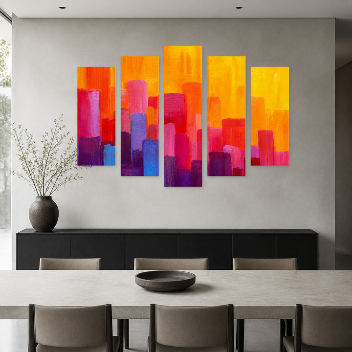 Colorful with Geometric Rhythm — five-panel wall art in alternate frontal interior | 5wallart 55181 M4