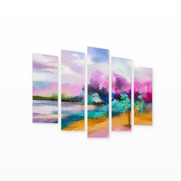 Abstract Colorful Landscape in Serene Light — five-panel wall art on white background in perspective | 5wallart 55182 M1