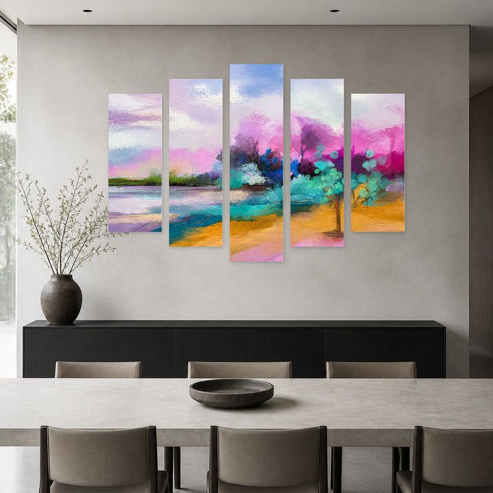 Abstract Colorful Landscape in Serene Light — five-panel wall art in frontal interior | 5wallart 55182 M3