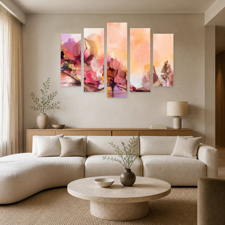 Modern Visual Composition in Serene Light II — five-panel wall art in frontal interior | 5wallart 55183 M3