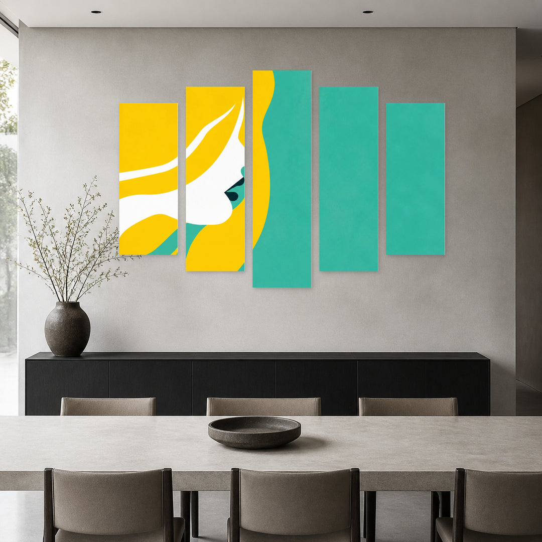 Colorful Illustration of a Woman with Dreamlike Atmosphere — five-panel wall art in frontal interior | 5wallart 55184 M3