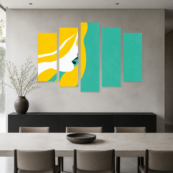 Colorful Illustration of a Woman with Dreamlike Atmosphere — five-panel wall art in frontal interior | 5wallart 55184 M3