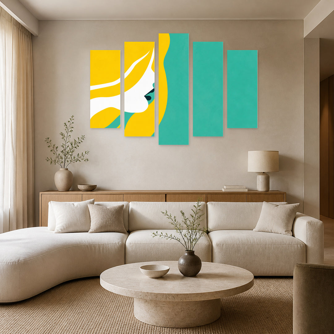 Colorful Illustration of a Woman with Dreamlike Atmosphere — five-panel wall art in alternate frontal interior | 5wallart 55184 M4