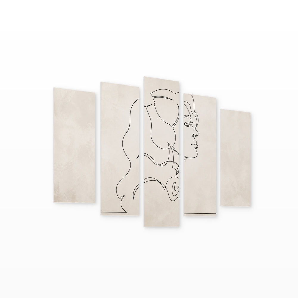 Abstract Portrait of a Woman with Geometric Rhythm — five-panel wall art on white background in perspective | 5wallart 55185 M1