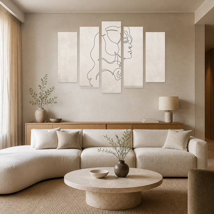 Abstract Portrait of a Woman with Geometric Rhythm — five-panel wall art in frontal interior | 5wallart 55185 M3