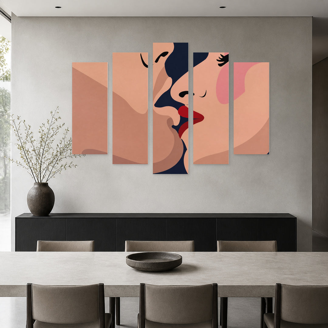 A Kiss with Geometric Rhythm — five-panel wall art in frontal interior | 5wallart 55186 M3